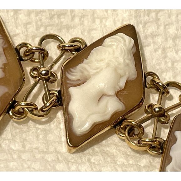 14K Gold Carved Shell Cameo Bracelet 6" With Geometric Diamond Design - Picture 13 of 16